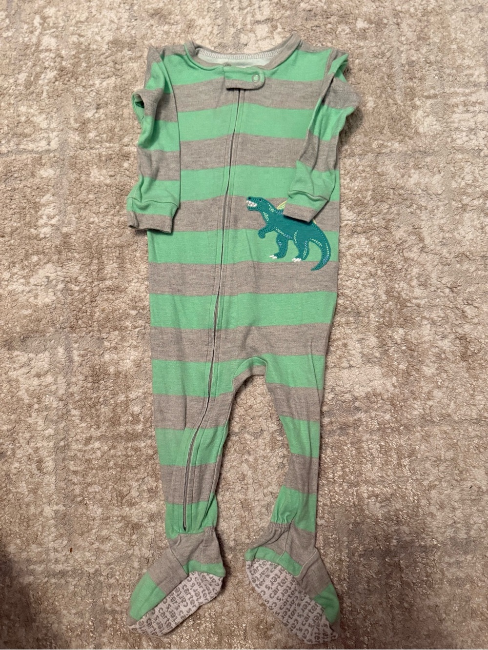 Carter's Green and Gray Striped Dino Footed One-Piece size 18M